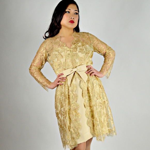 Lian Carlo Gold Lace Short Party Dress - Picture 1 of 7